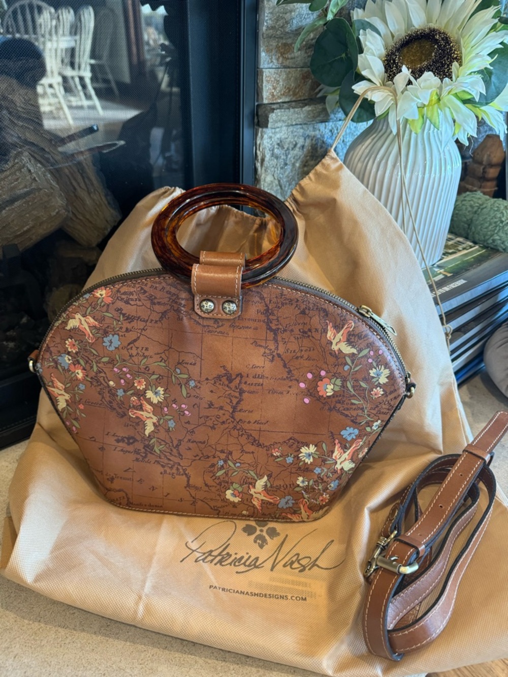 Patricia Nash Brown Floral Dome Satchel with Tortoise Ring Handles